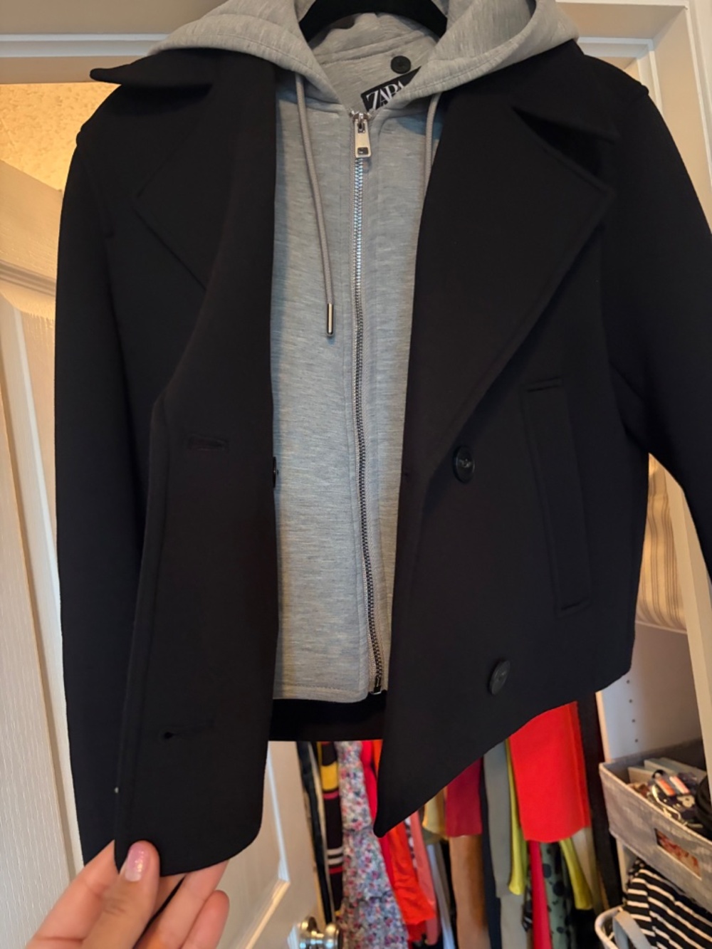 NWOT Zara Black Double-Breasted Cropped Peacoat with Integrated Hoodie - Picture 6 of 7